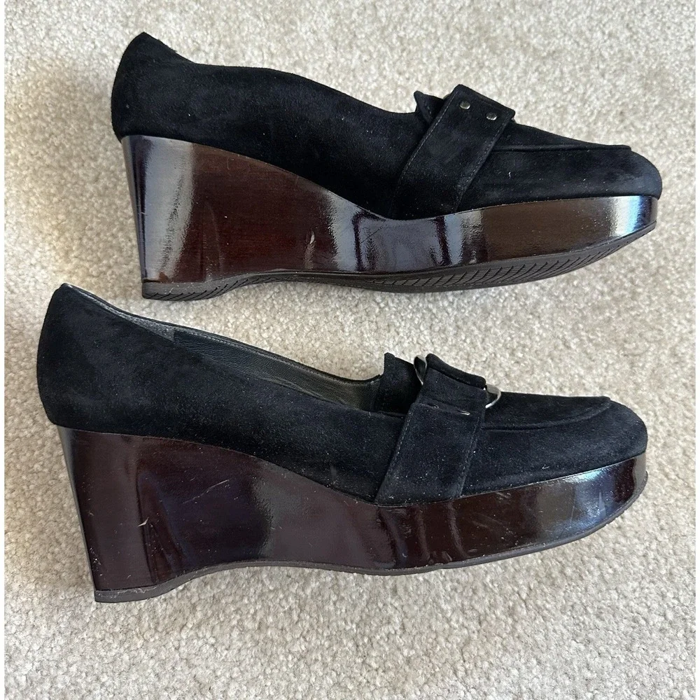 Stuart Weitzman Black Suede Brown‎ Wood Wedge Shoes Size 8 1/2 Silver Studs Read - Picture 3 of 13